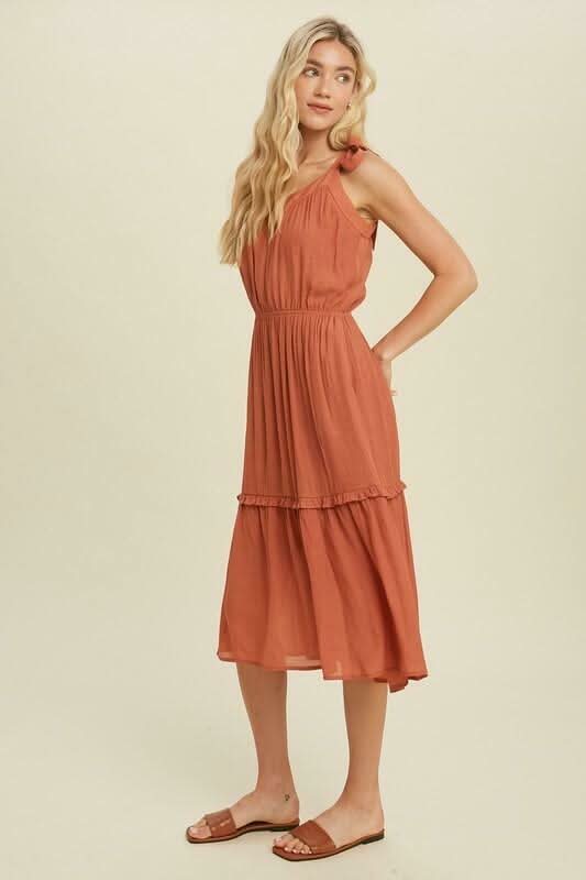 Why Wait Brick Tie-Strap Midi Dress