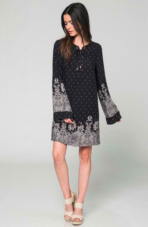 Ashbury Black Floral Print Bell Sleeve Shift Dress