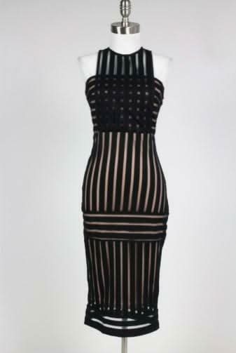 Rules of Intent Sheer Striped Black Body-Con Midi Dress