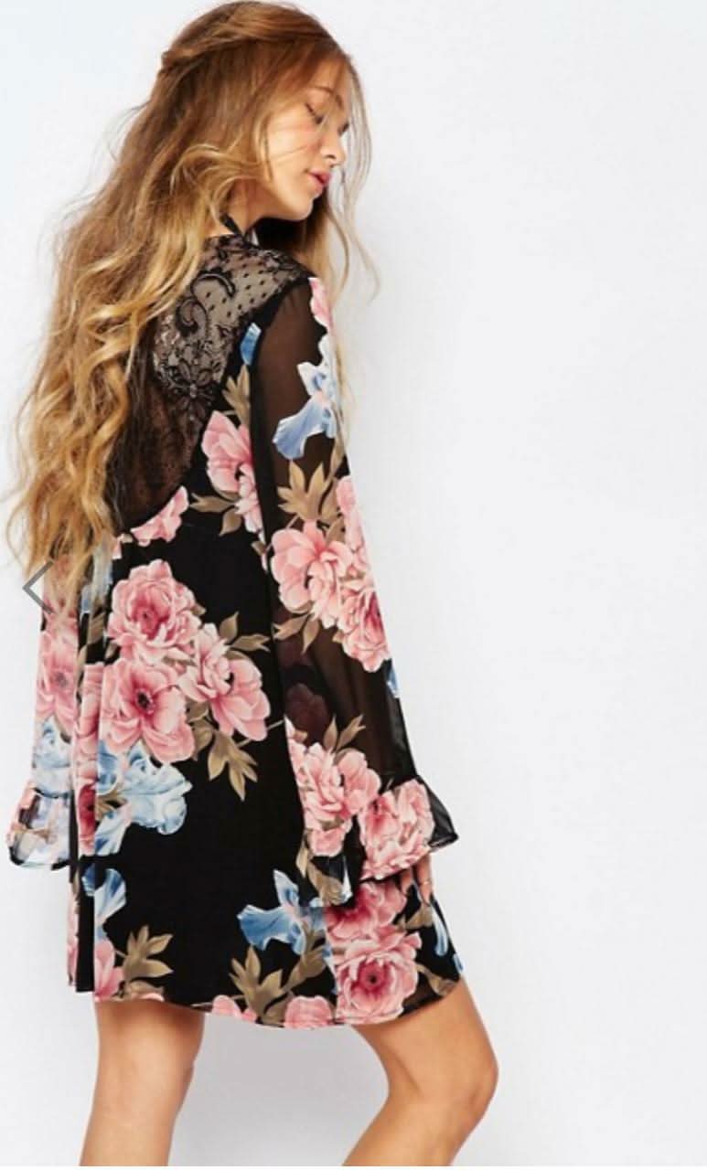 Bloomin' Black Flora Bell Sleeve Shift Dress