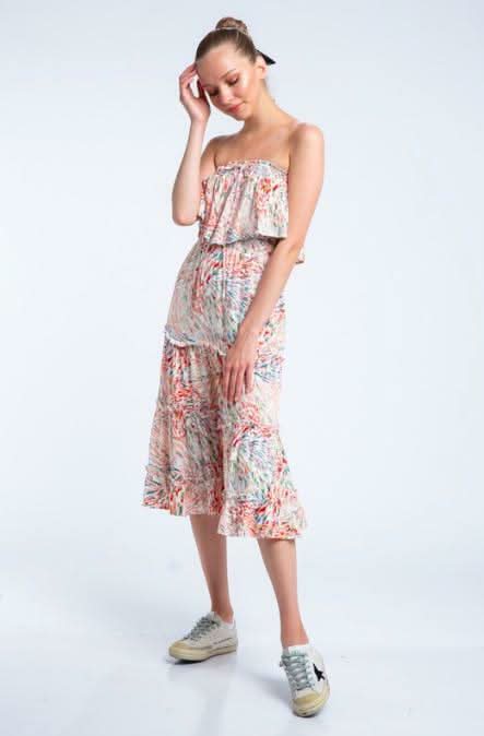 Faye Boho Print Strapless Tiered Midi Dress