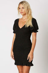Basic Instincts Black Smocked Puff Sleeve Mini Dress
