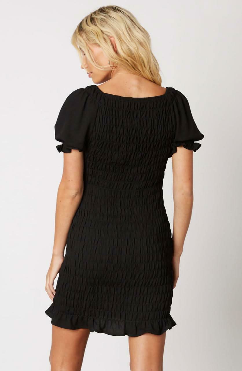 Basic Instincts Black Smocked Puff Sleeve Mini Dress