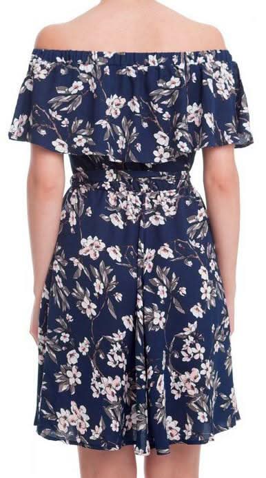 Bloom Zeal Navy Floral Print Off-The-Shoulder Ruffle Dress