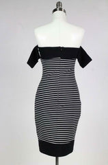 Worth it Black and White Striped Off-The-Shoulder Midi Dress