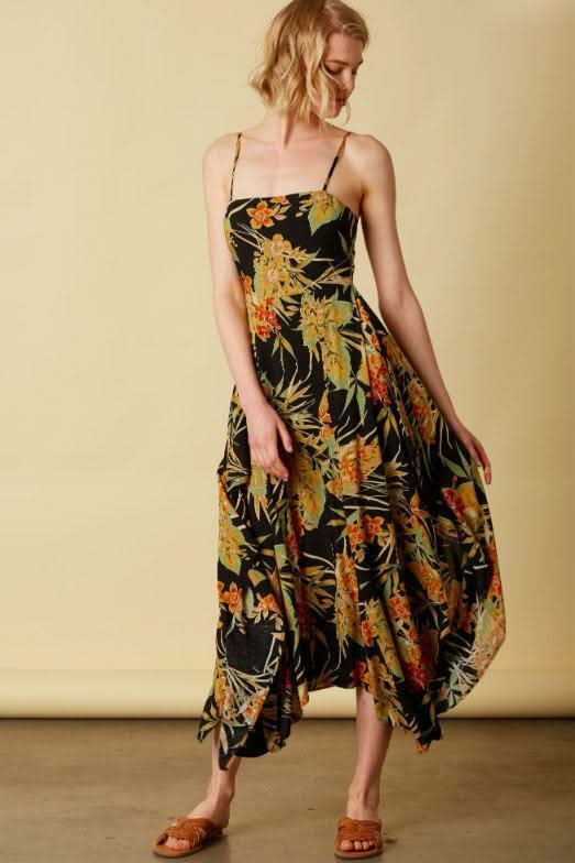 Tropical Thunder Black Floral Tie Back Midi Dress