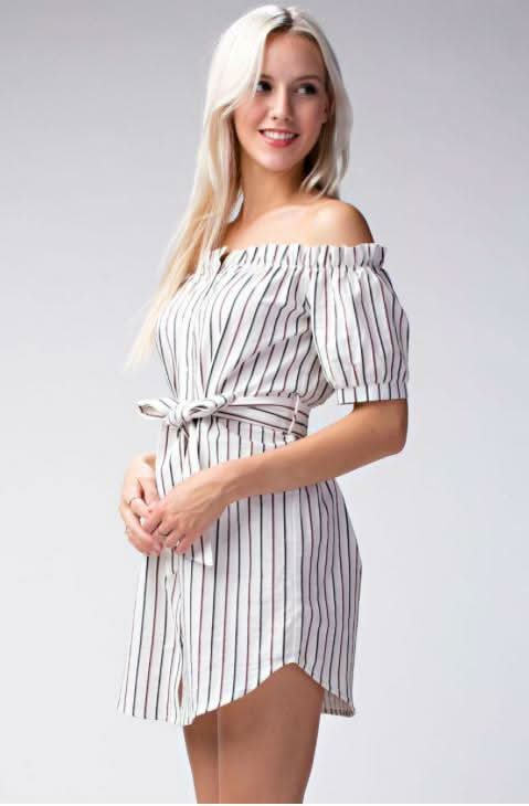 Smitten With You Striped Off-the-Shoulder Shirt Dress