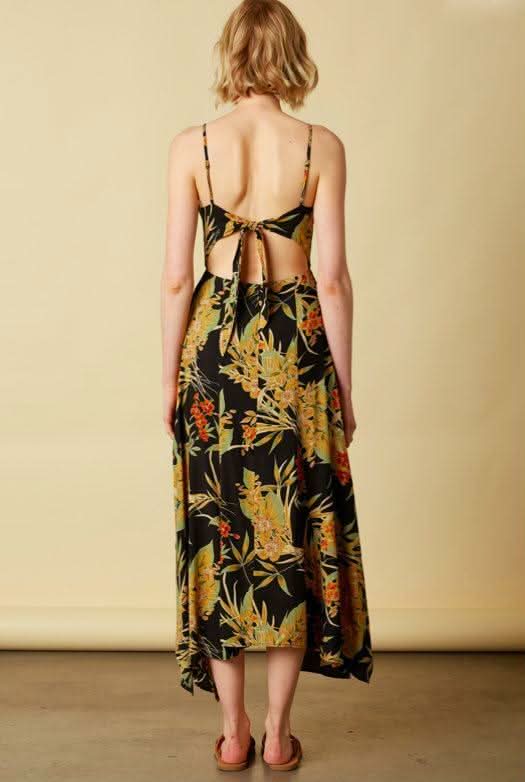Tropical Thunder Black Floral Tie Back Midi Dress