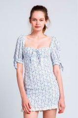 Tory White  and Blue Floral Print Puff Sleeve Mini Dress
