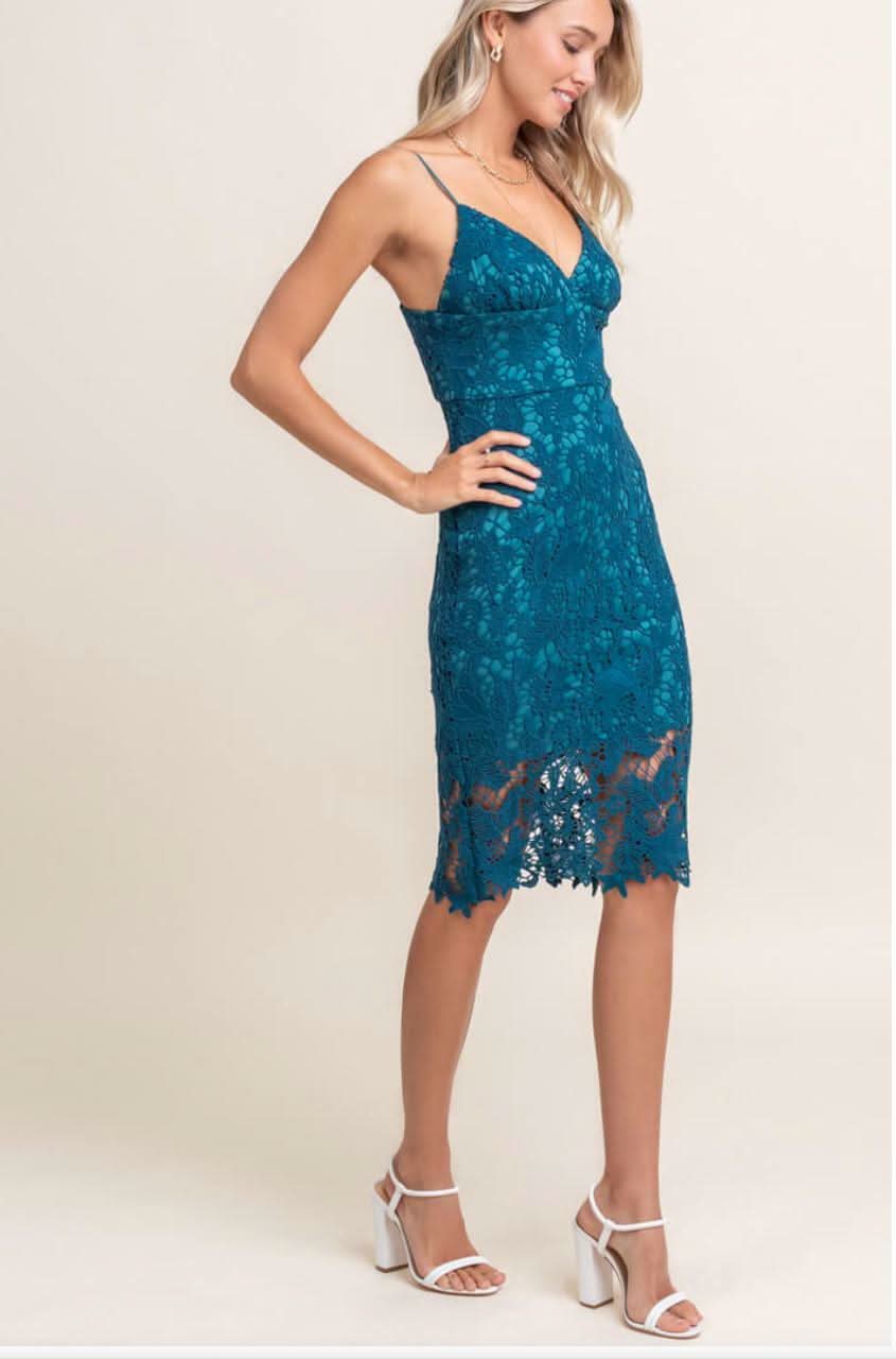Victoria Teal Blue Crochet Lace Midi Dress