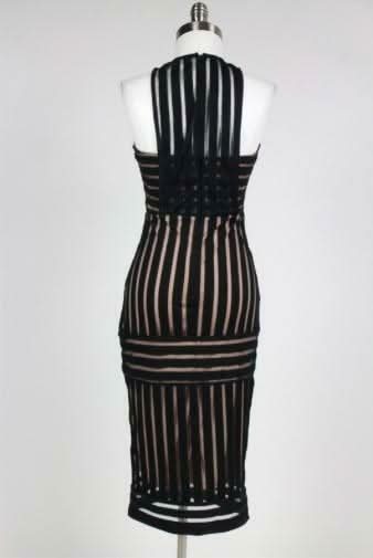Rules of Intent Sheer Striped Black Body-Con Midi Dress
