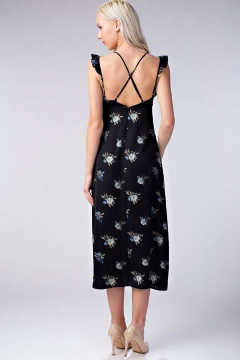 Along the Prairie Black Floral Print Midi Dress