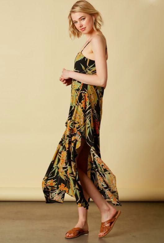 Tropical Thunder Black Floral Tie Back Midi Dress