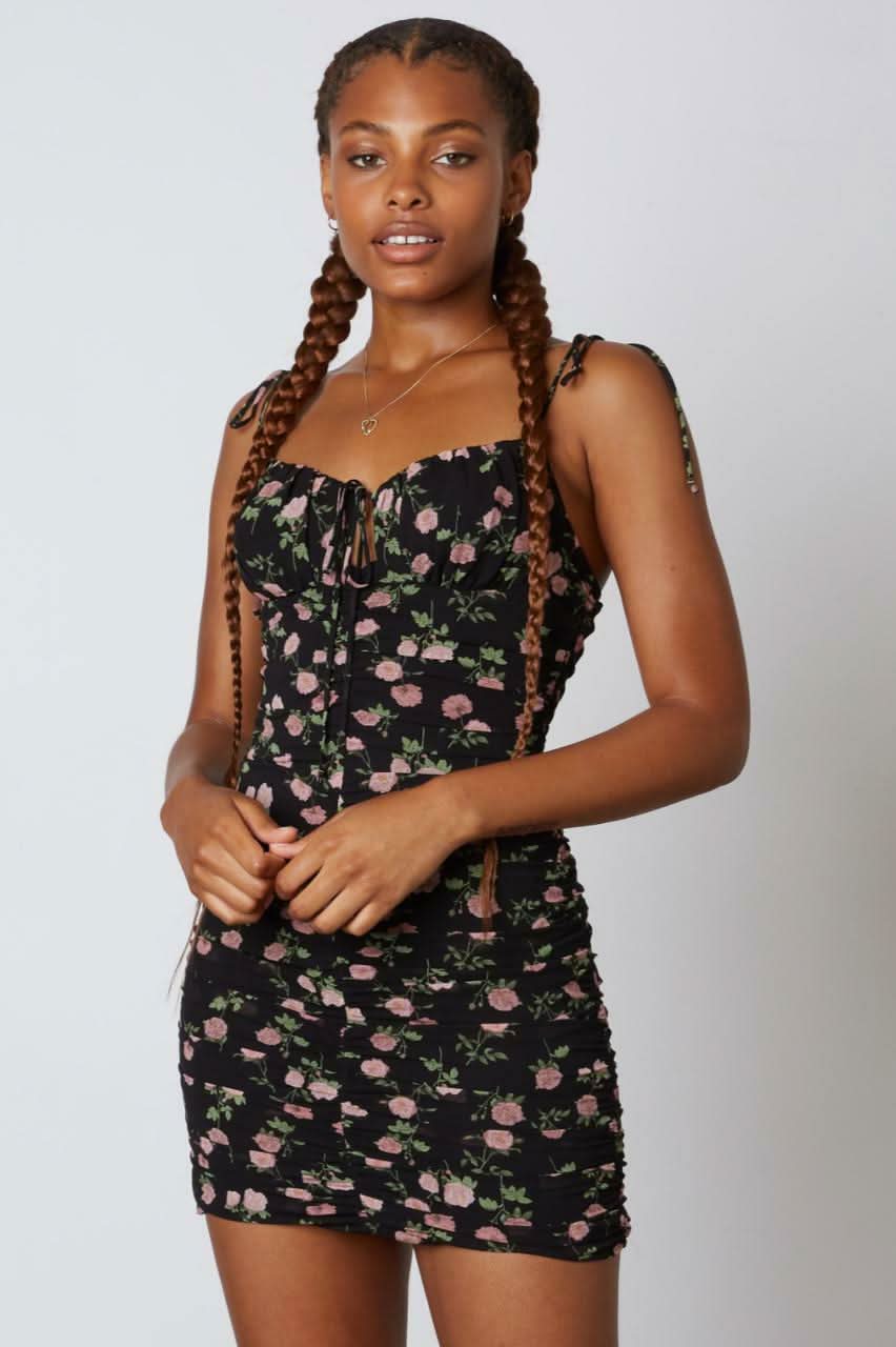 Angie Black Floral Ruched Bodycon Dress