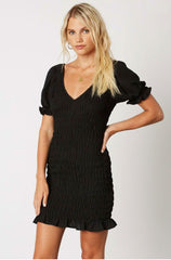 Basic Instincts Black Smocked Puff Sleeve Mini Dress