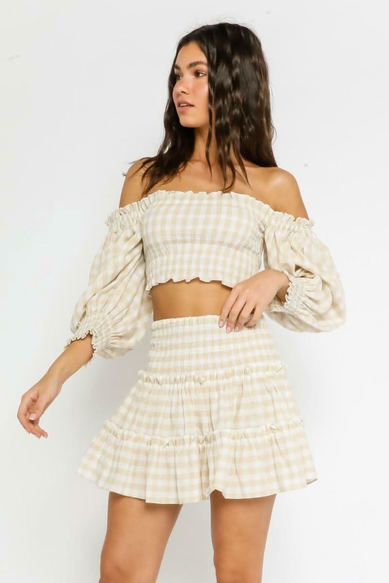 XOXO Khaki Gingham Smocked Off-the-Shoulder Dress Set