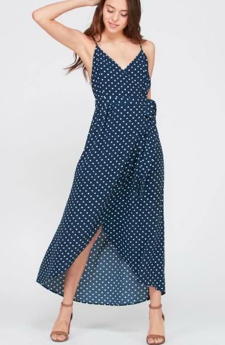 Dorothea Navy Blue Polka Dot Backless Maxi Dress