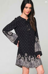 Ashbury Black Floral Print Bell Sleeve Shift Dress