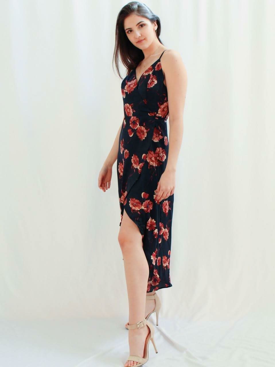 Heidi Navy Satin Floral Wrap Dress