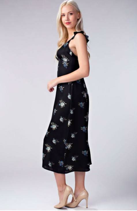 Along the Prairie Black Floral Print Midi Dress
