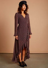 Vine Burgundy Stripe Long Sleeve Ruffle Wrap Maxi Dress