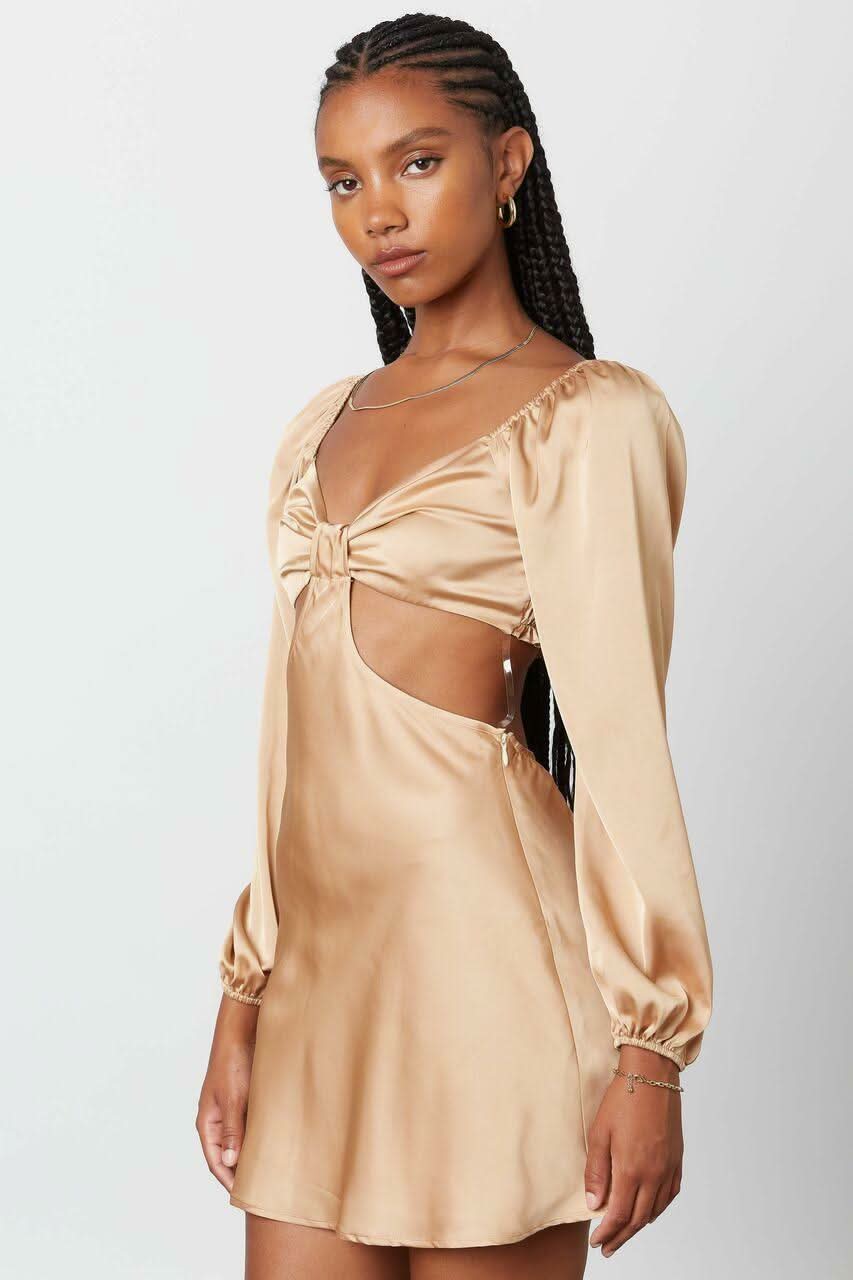 Because Of You Tan Long Sleeve Cutout Mini Dress