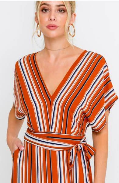 Marcella Rust Striped Dolman Sleeve Midi Dress