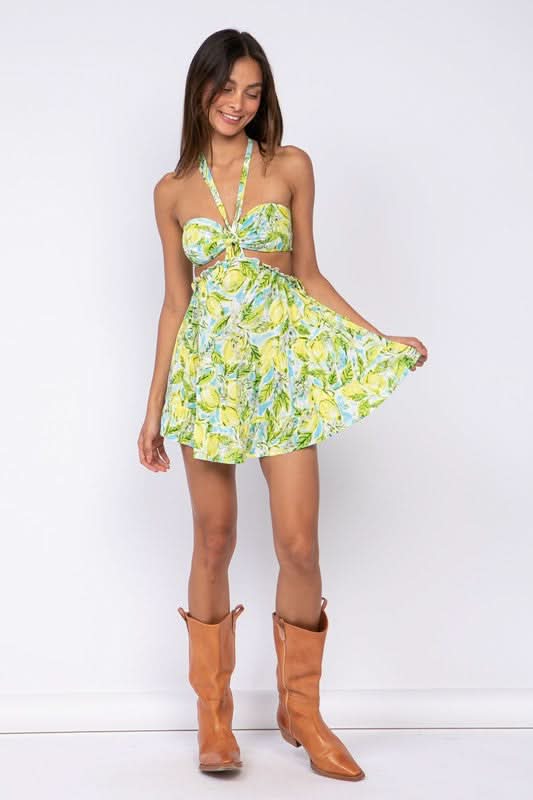 Sundown Blue Lemon Print Sundress