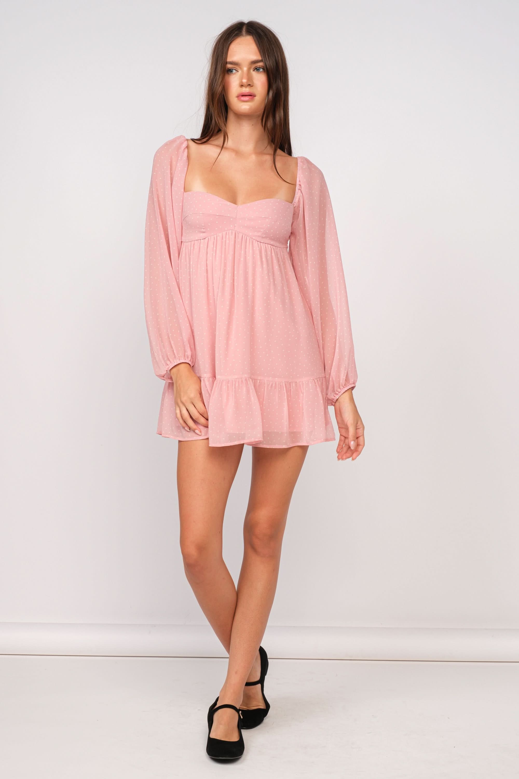 Trish Pink Dot Long Sleeve Babydoll Mini Dress