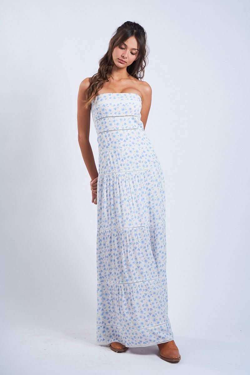 Amalfi White and Blue Ditsy Floral Maxi Dress