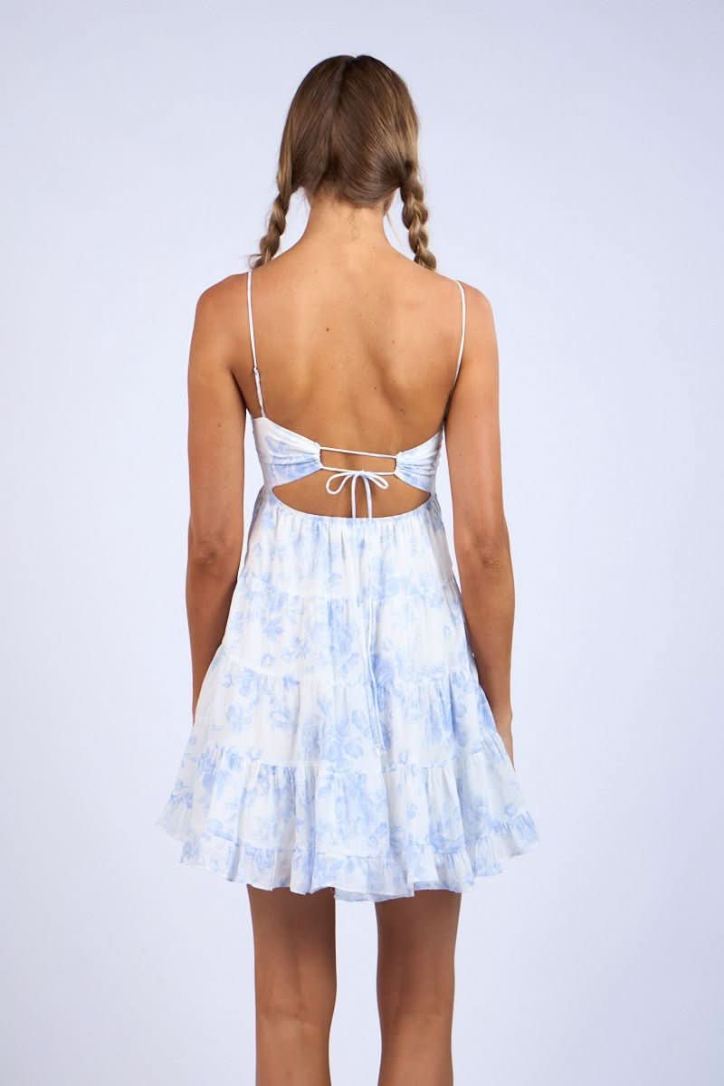 Allie White and Blue Floral Babydoll Mini Dress