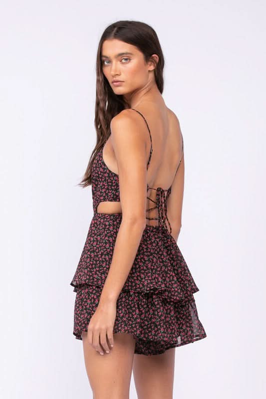 Aristea Black Floral Cutout Romper Dress
