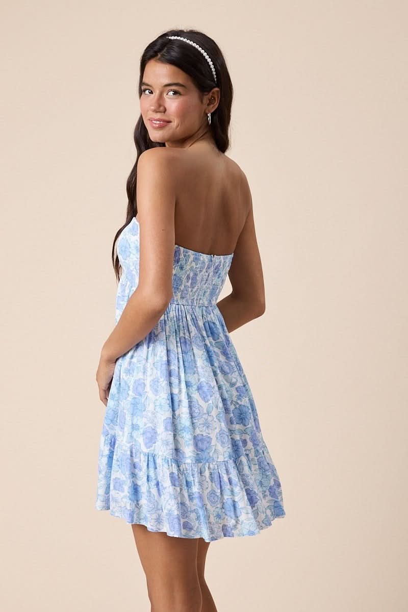 Sammie Ice Blue Floral Strapless Mini Dress