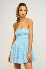 Sarah Blue Eyelet Strapless Mini Dress