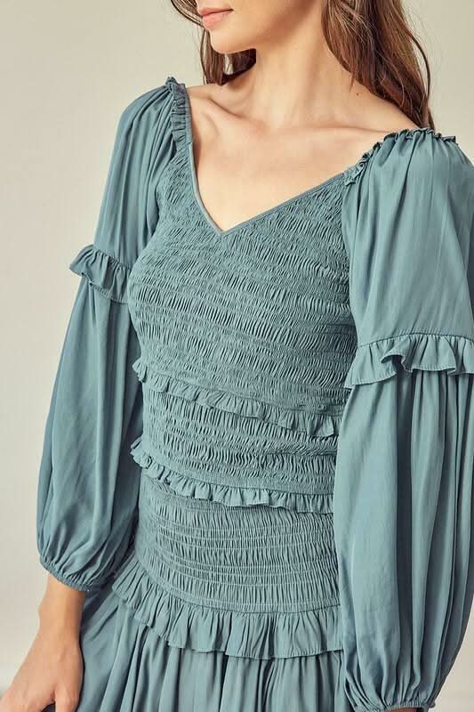 Seminal Moments Faded Green Smocked Long Sleeve Dress Set