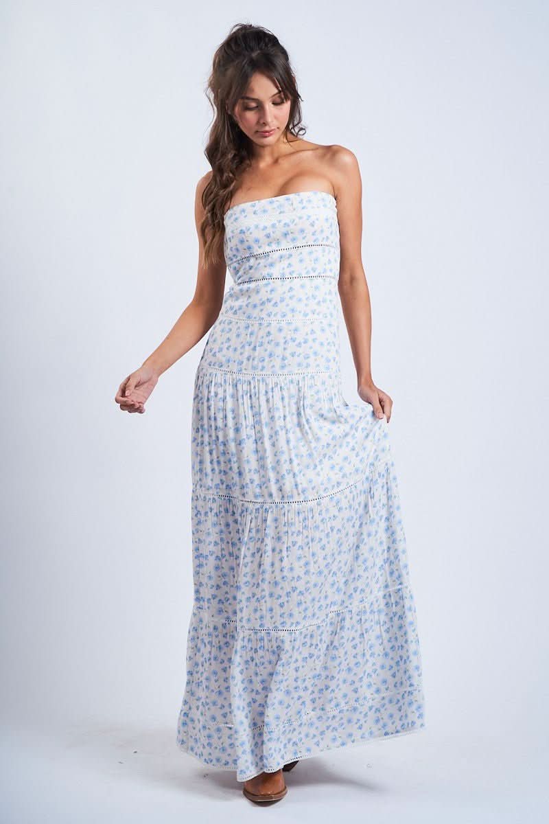 Amalfi White and Blue Ditsy Floral Maxi Dress