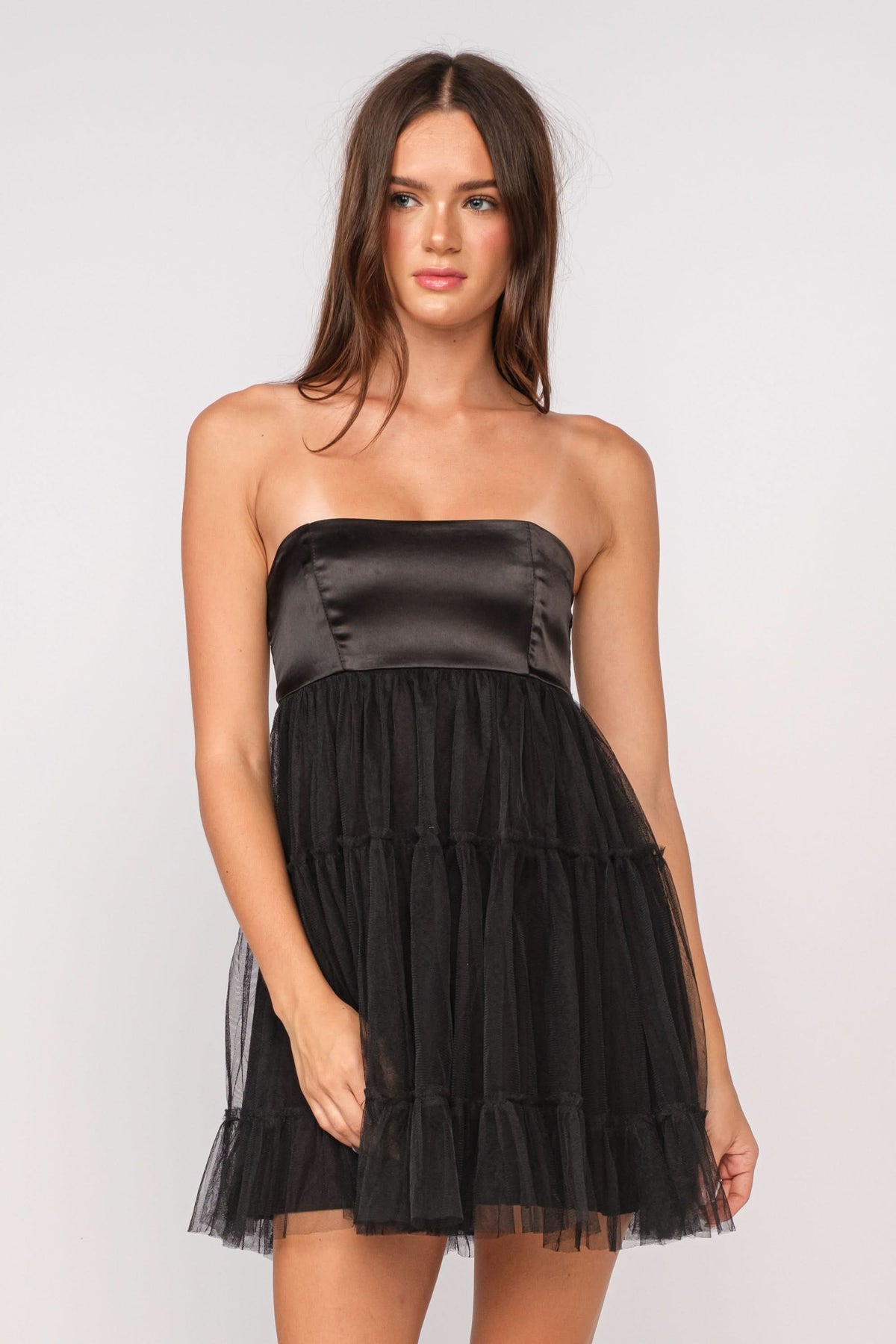 Charlie Black Strapless Organza Mini Dress