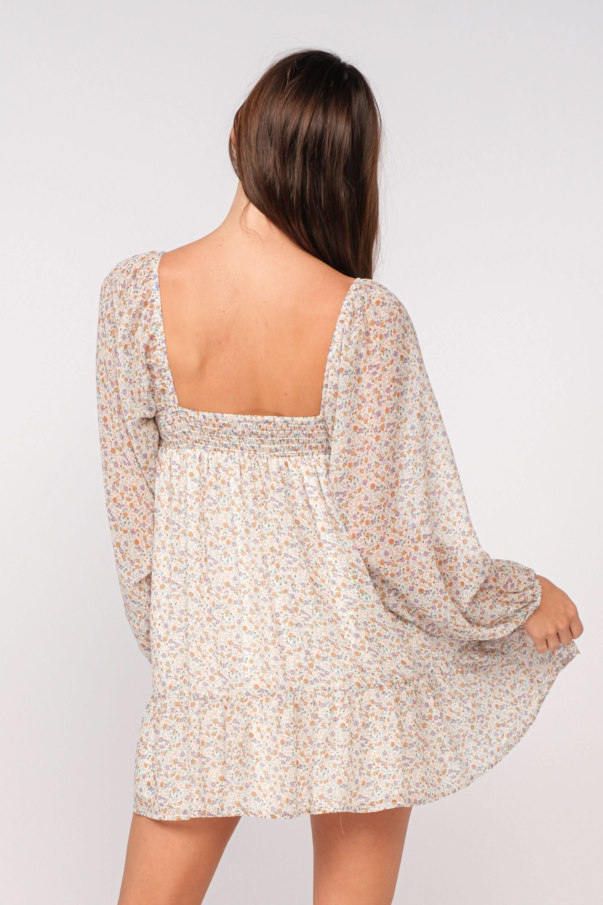Trish Beige Floral Long Sleeve Babydoll Mini Dress