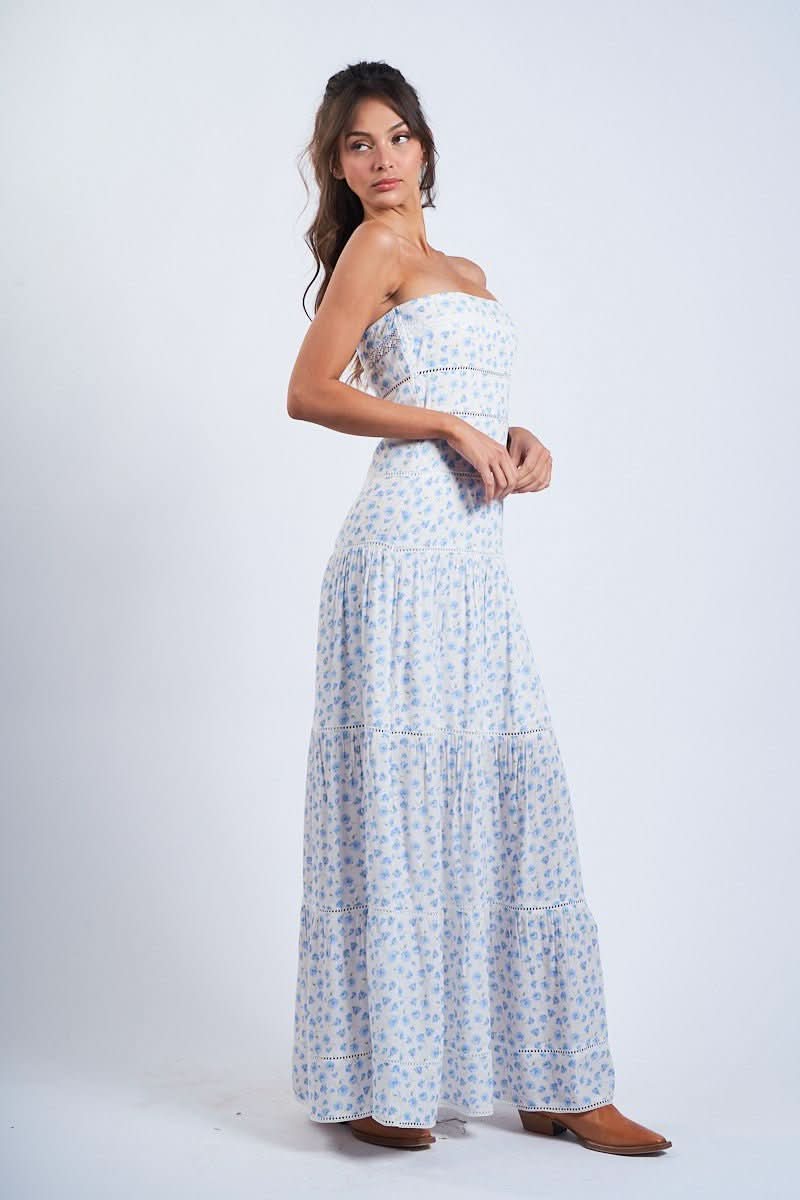 Amalfi White and Blue Ditsy Floral Maxi Dress