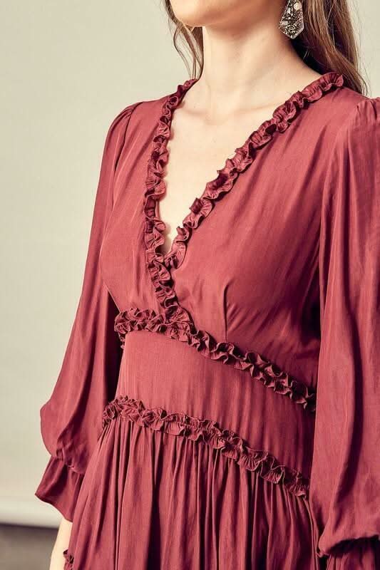 Adele Wine Long Sleeve Ruffle Mini Dress