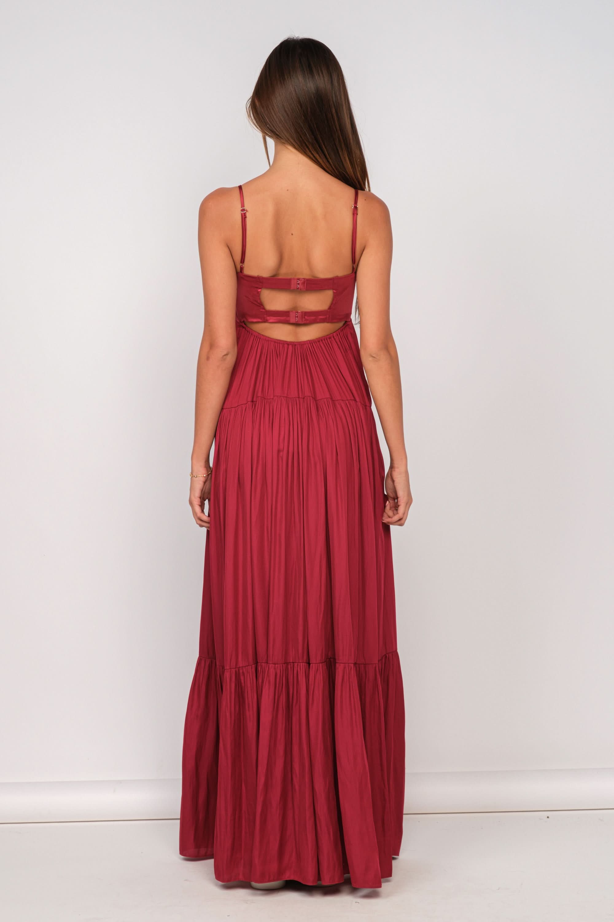 Blaire Burgundy Satin Tiered Maxi Dress
