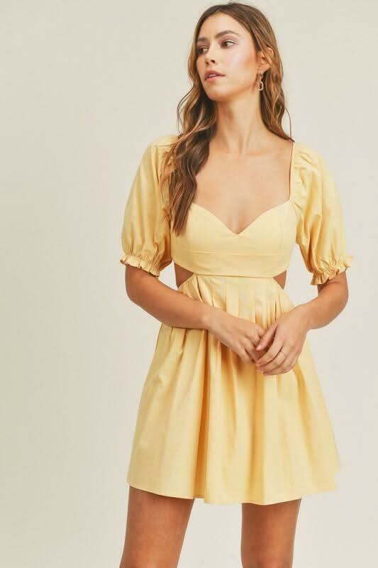 Breaking Hearts Yellow Puff Sleeve Mini Dress