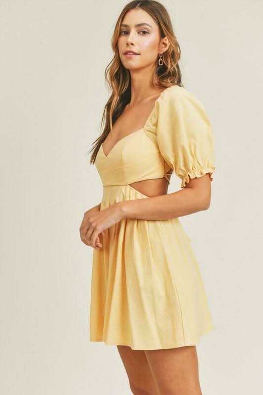 Breaking Hearts Yellow Puff Sleeve Mini Dress